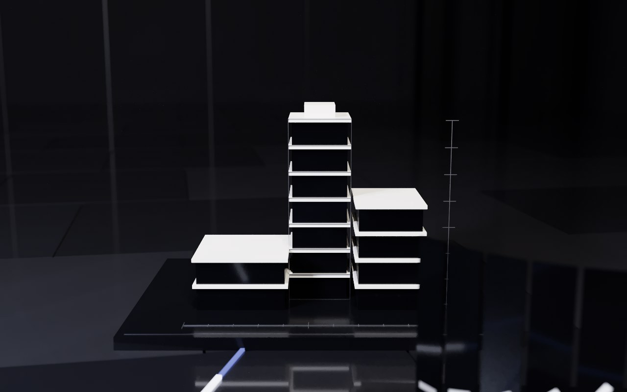 A building massing model cut by a section plane, with dimension runs along its base.