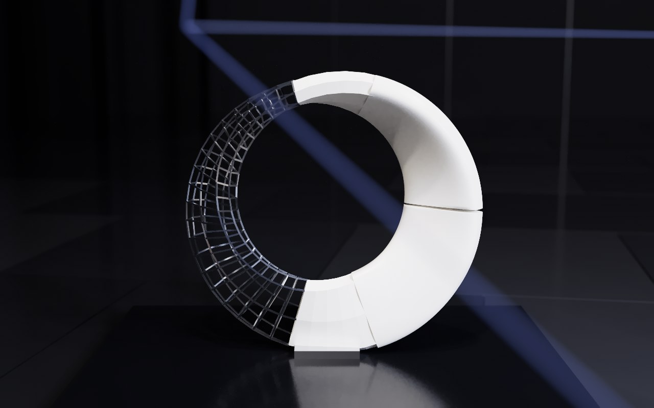 A twisted band closing on itself, shown as wire, as facets and as a finished surface.