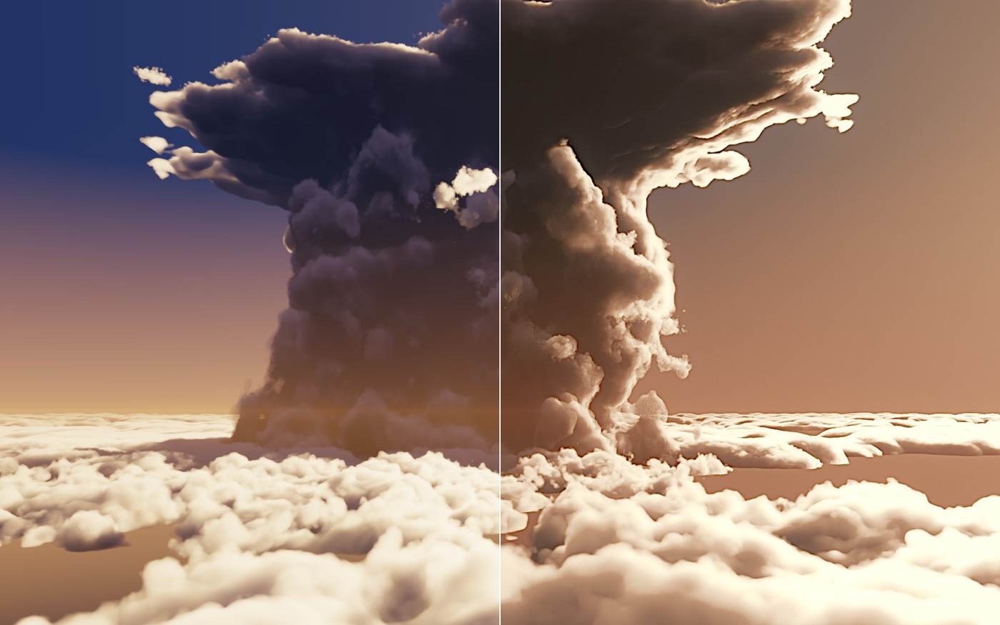 One picture of a storm cloud at sunset, shown before and after grading on either side of a line.