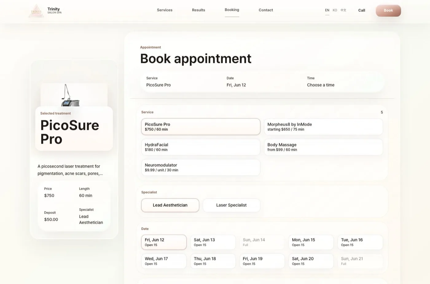 Trinity Beauty Spa booking screen